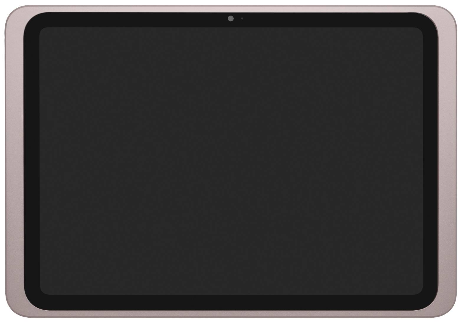 Tablet s černou obrazovkou a růžovým rámečkem. Je vypnutý a nezobrazuje žádný obsah.