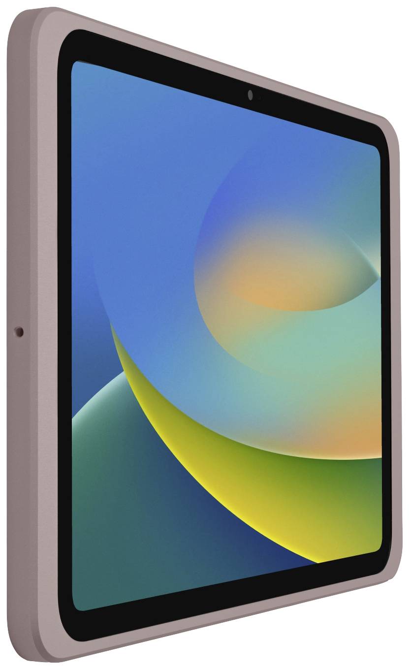 Tablet se zaoblenými rohy, otočitelný. Obrazovka zobrazuje pestrou, abstraktní grafiku v odstínech modré, zelené a žluté.