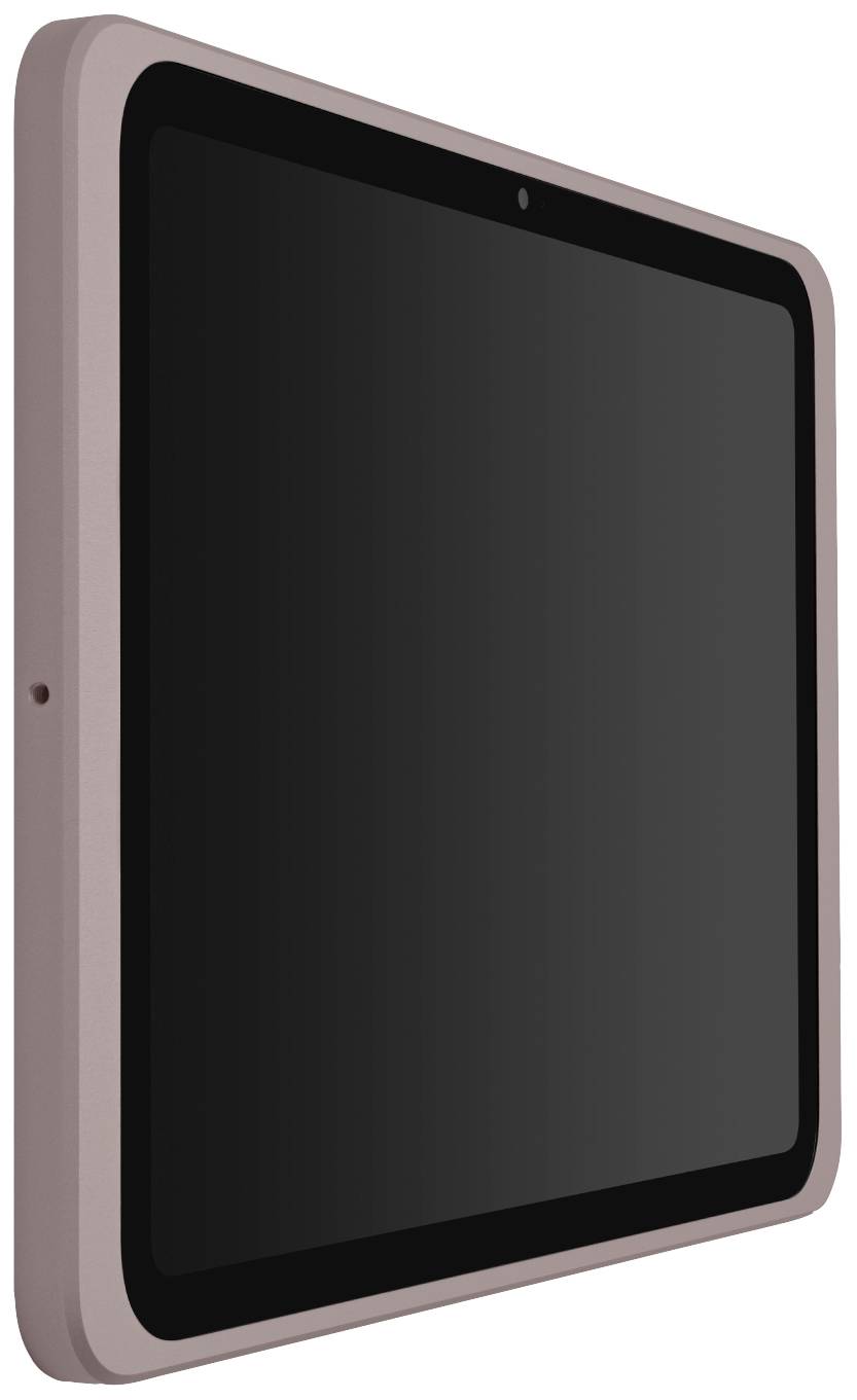 Tablet s tmavě šedým displejem a rámečkem v barvě růžového zlata, zobrazený v mírném úhlu. Zařízení je vypnuté.