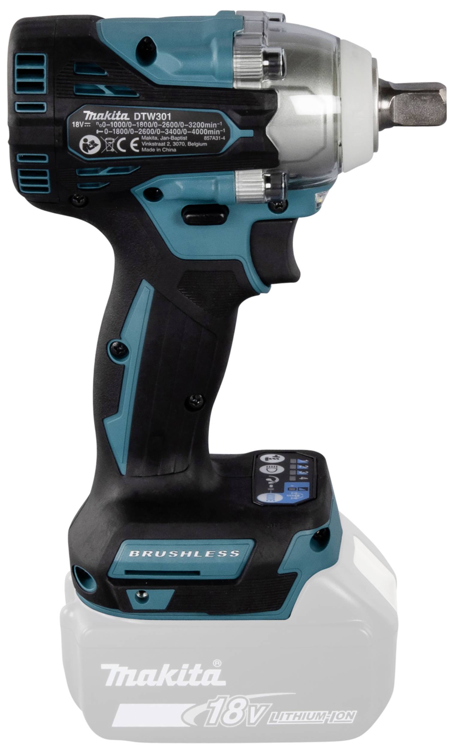 Akumulátorový rázový šroubovák v modro-černé barvě s 18V lithium-iontovou baterií. Název značky viditelný na nástroji i baterii.