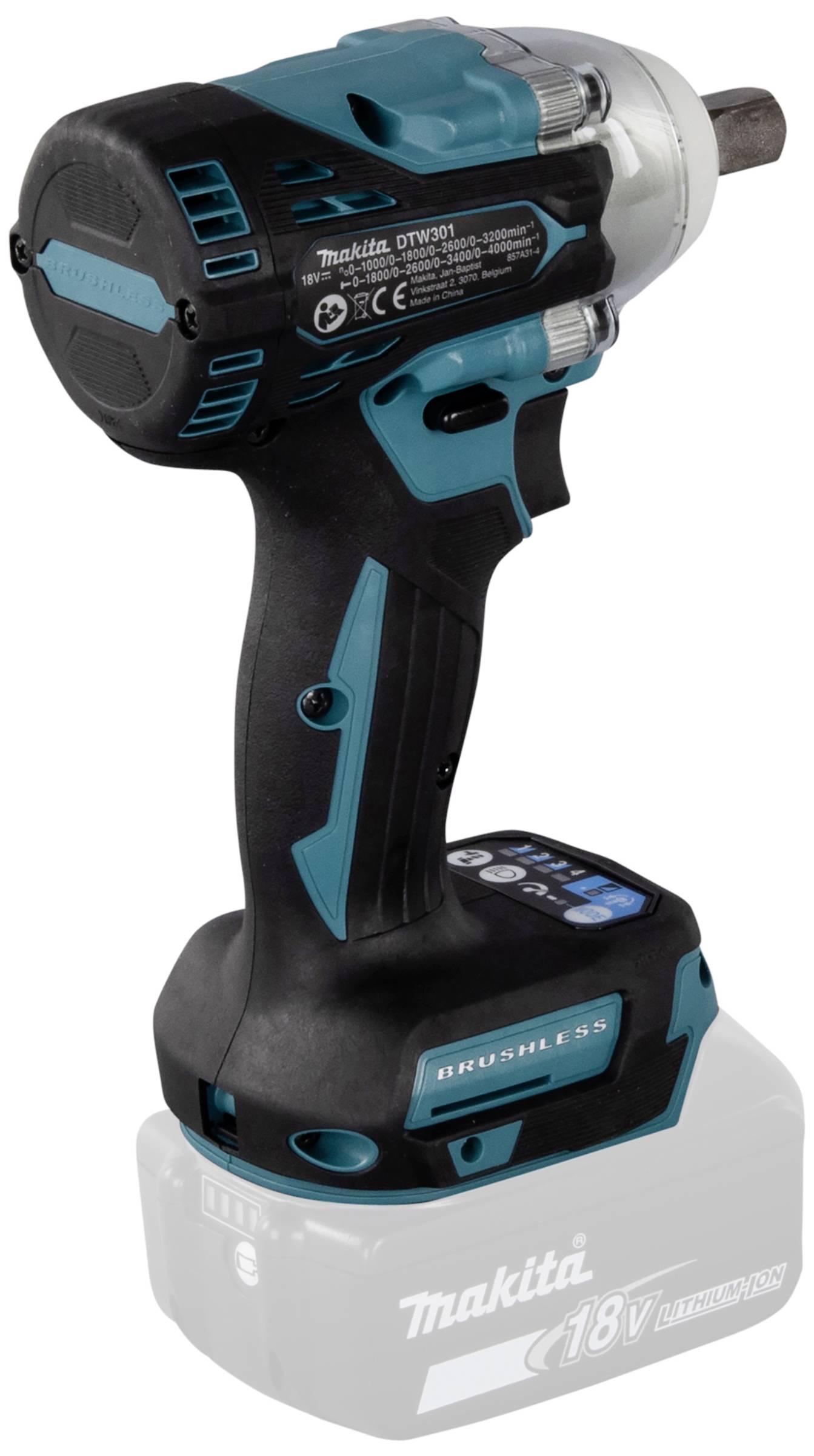 Akumulátorový rázový šroubovák s modro-černým tělem, 18V lithium-iontový akumulátor. Viditelné značkové jméno a technické symboly.
