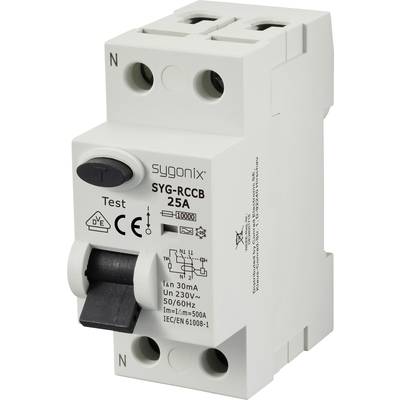 'Proudový chránič SYG-RCCB 25A, 230V, 50/60Hz, 30mA. Schválen podle IEC/EN 61008-1. Bílé plastové pouzdro s testovacím tlačítkem.'