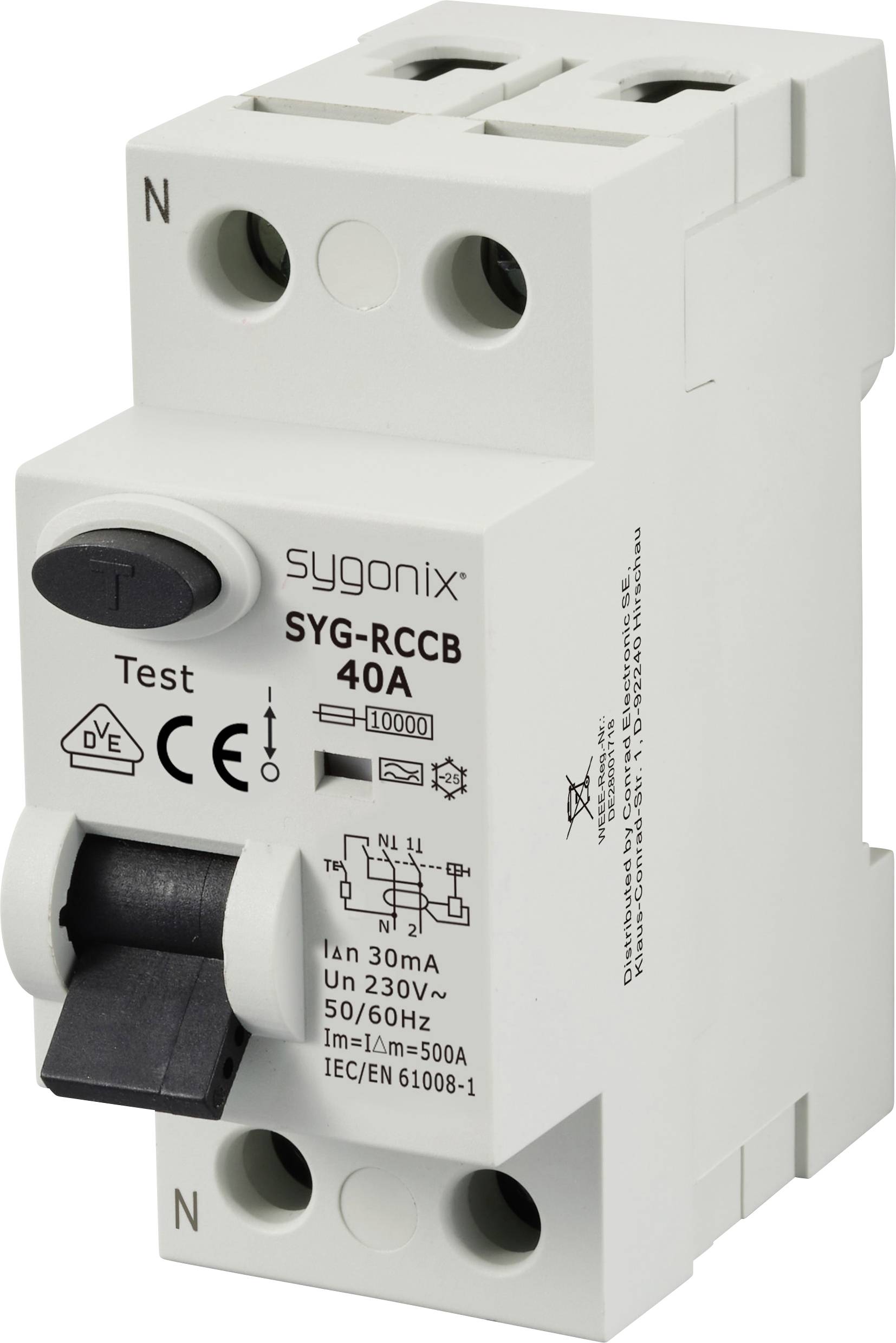Bílý proudový chránič značky sygonix, model SYG-RCCB, 40A, s testovacím tlačítkem a označením CE. Vhodný pro 230V, 50/60Hz.