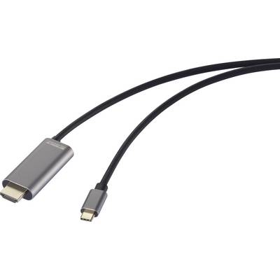 Černý kabel s konektorem USB-C na jedné straně a konektorem HDMI na straně druhé, používaný pro video a audio připojení.