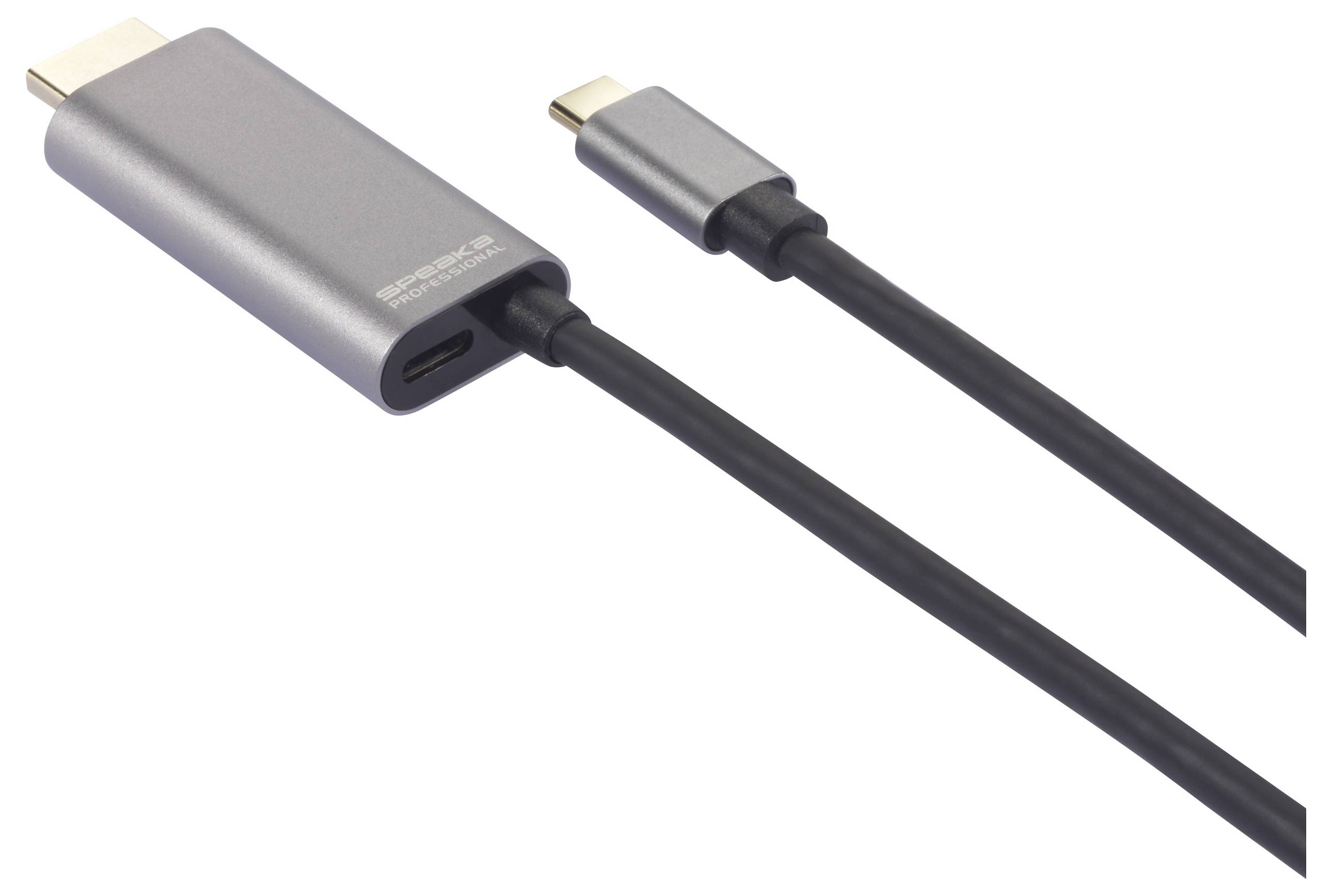 Adaptér HDMI na USB-C. Vlevo konektor HDMI, vpravo konektor USB-C. Kovové šasi, černé kabely.