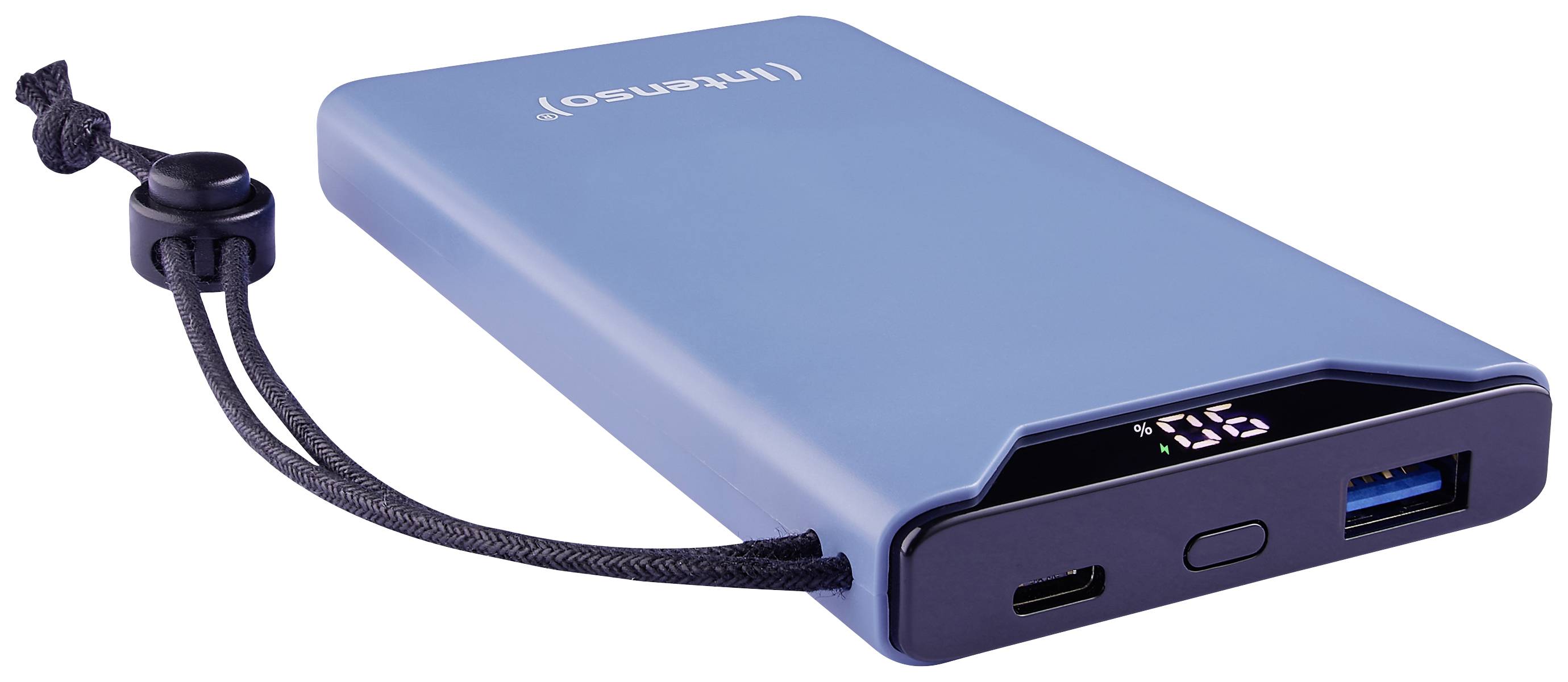 Modrá powerbanka s černým okrajem, s USB portem a konektorem pro nabíjecí kabel. Digitální displej zobrazuje '96%'.