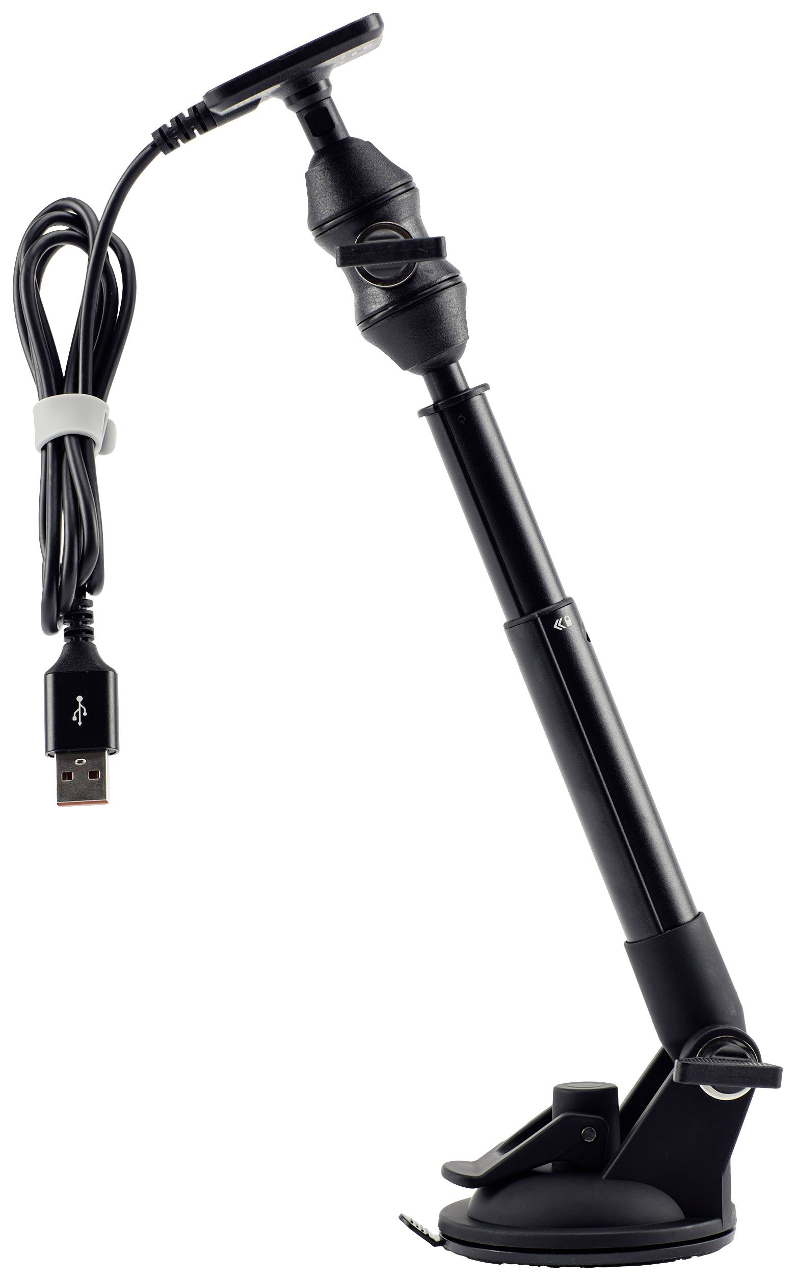 Černý USB mikrofon se stojanem a nastavitelným ramenem. Ideální pro nahrávání zvuku na počítači.
