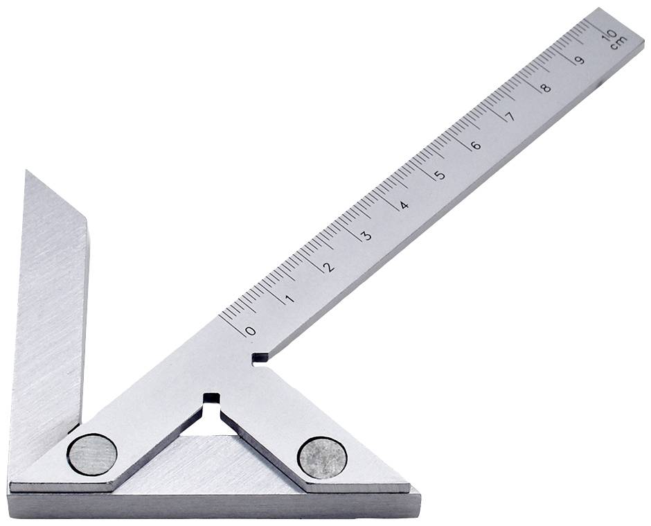 Stříbrný trojúhelníkový pravítko s milimetrovým měřítkem, které přesně zobrazuje úhlová měření.