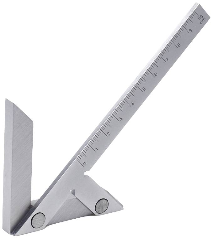 Kovový úhelník s leptanou centimetrovou stupnicí od 1 do 10, používaný pro přesná měření a určování úhlů.