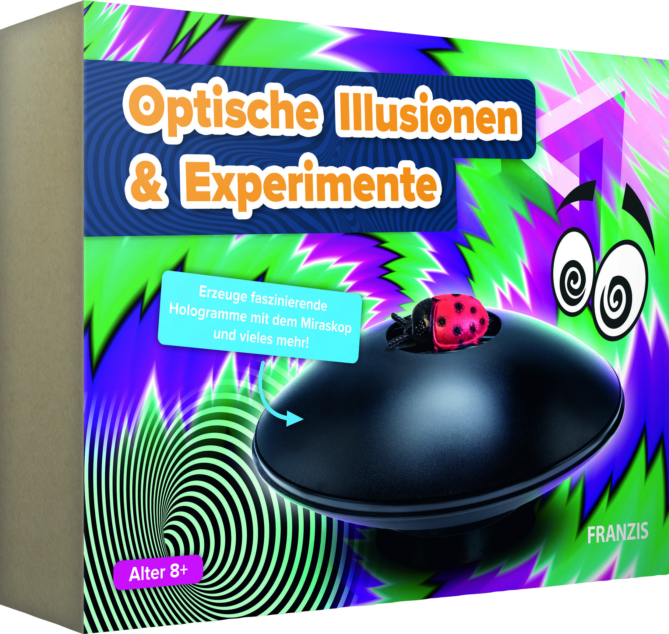 Balení experimentální sady 'Optické iluze & Experimenty' s 3D hologramem berušky. Vhodné pro děti od 8 let.