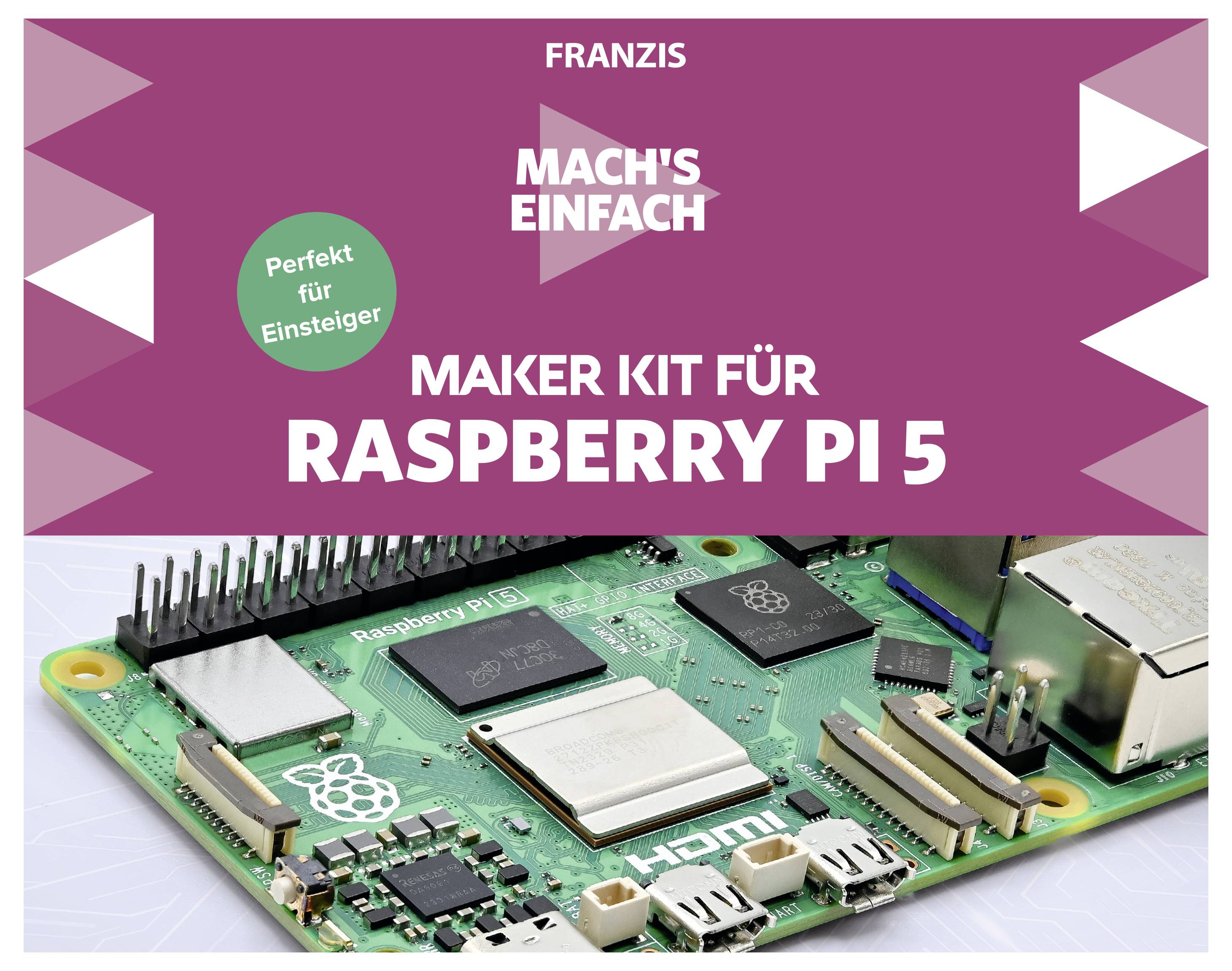 Maker Kit pro Raspberry Pi 5 na barevném pozadí. Pod ním leží model Raspberry Pi, který je ideální pro začátečníky.
