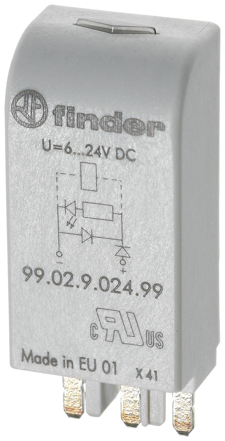'Finder-relé 99.02.9.024.99', šedý kryt, pro 6-24V DC. Zobrazuje schéma zapojení a certifikace. Vyrobeno v EU.