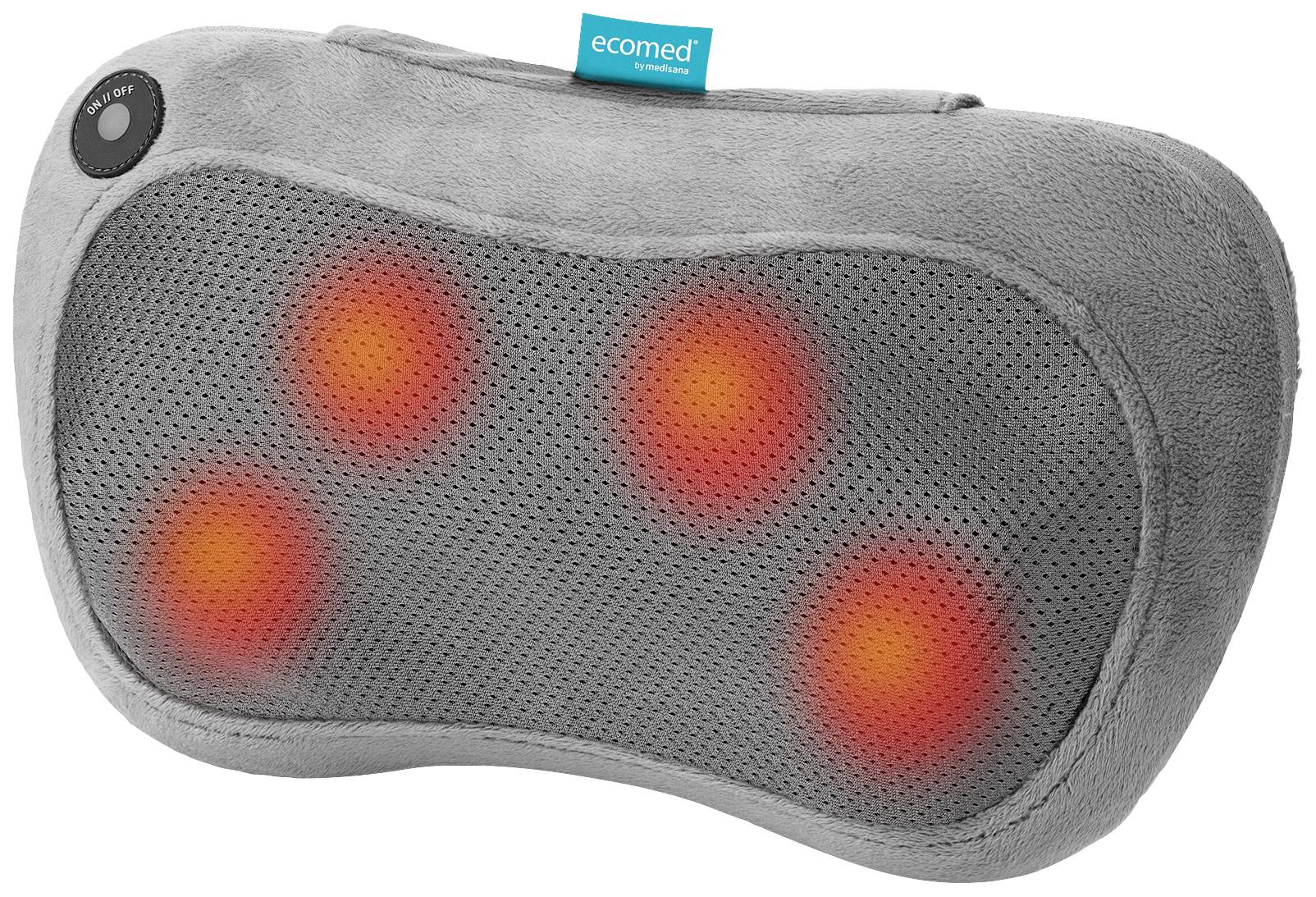 Šedý masážní polštářek se čtyřmi zářivě červenými masážními body určenými k relaxaci a úlevě od bolesti.