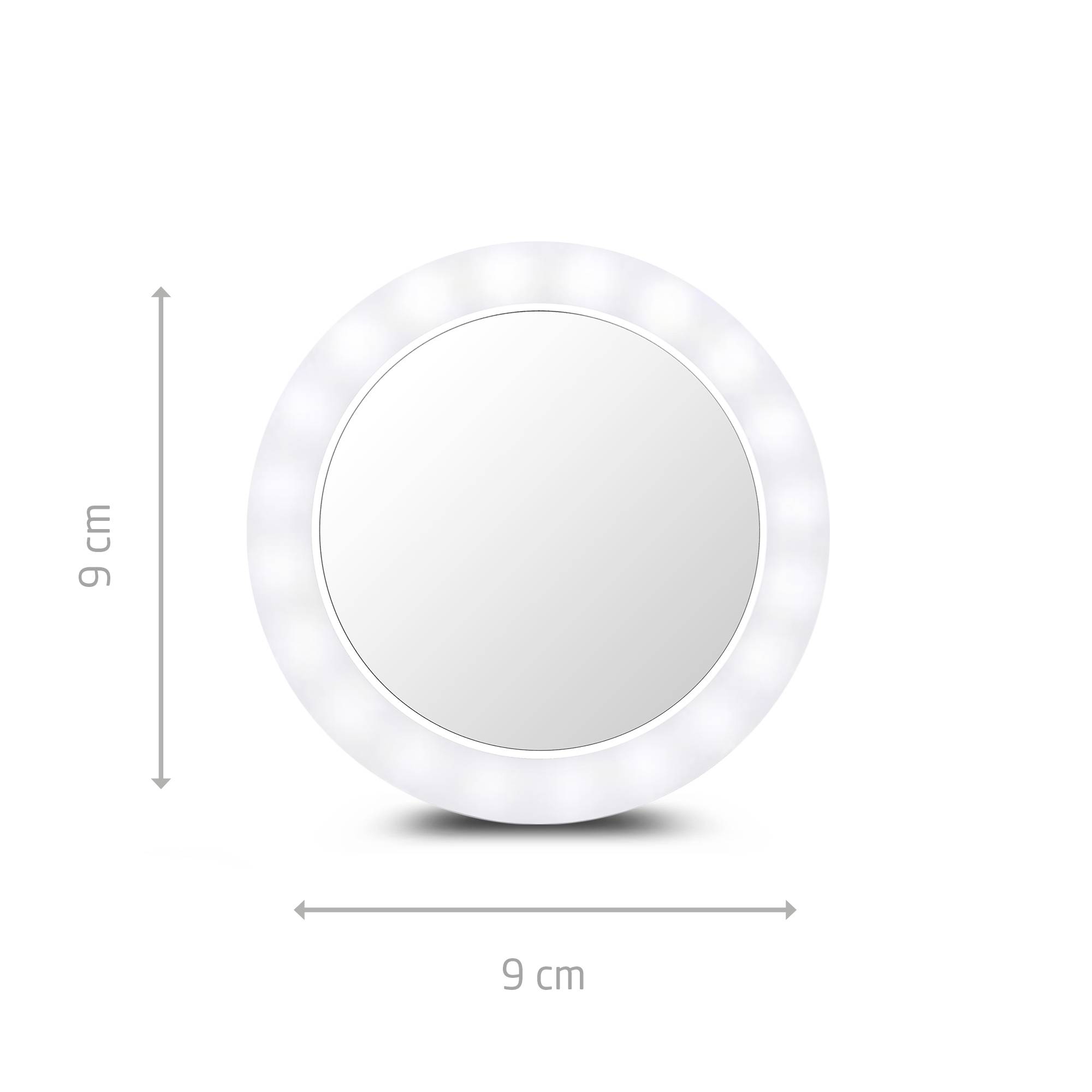 Kulatý, zářící zrcadlový povrch o průměru 9 cm, obklopený LED prstencem. Ideální pro precizní líčení.
