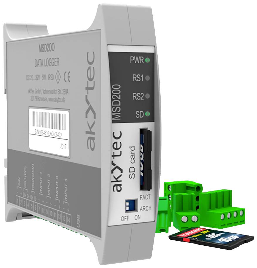 Datalogger 'MSD200' společnosti akYtec s displejem a vyjímatelnou SD kartou, vhodný pro záznam a archivaci dat.