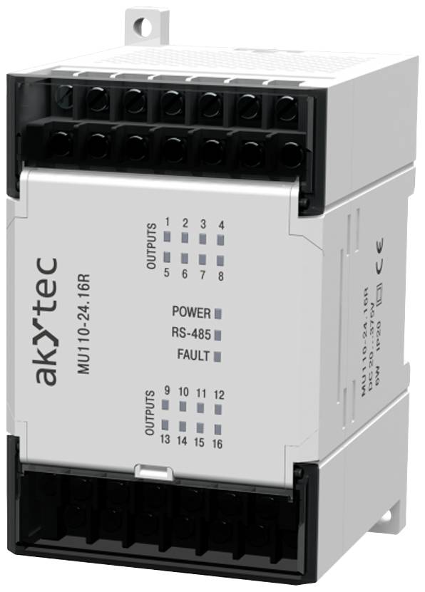 Kompaktní kontrolér od společnosti akYtec, model MU110-24.16R, s 16 výstupy. Zobrazuje připojení pro napájení, RS-485 a indikaci chyb.