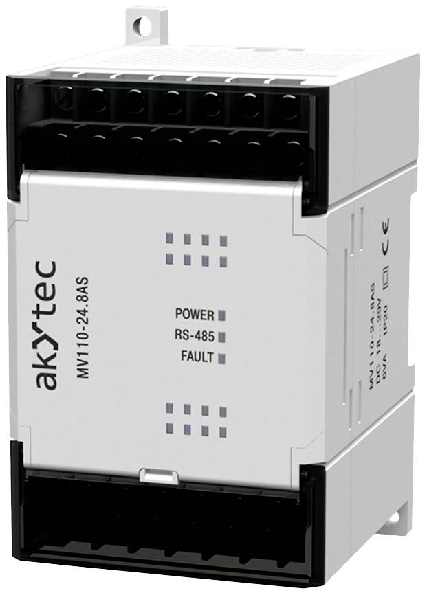 Obrázek zobrazuje elektronické zařízení společnosti akytec, model MV110-24.8AS, s přípojkami nahoře a dole. Funkce: Power, RS-485, Fault.