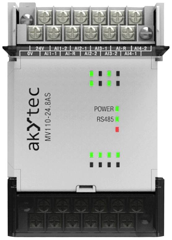 Programovatelný modul akYtec MV110-24.8AS s několika vstupy a výstupy, zelenými indikačními LED diodami a popisy.