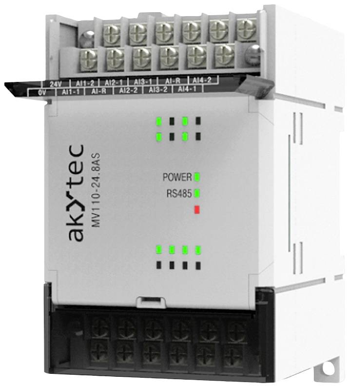 Vícekanálový univerzální převodník společnosti akYtec s připojovacími body a LED indikátory pro napájení a komunikaci (POWER, RS485).
