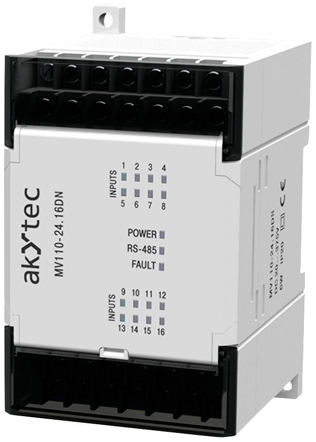 Průmyslový řadič akYtec, model MV110-24.16DN, zobrazuje vstupy, indikátory proudu, RS-485 a stav chyb.