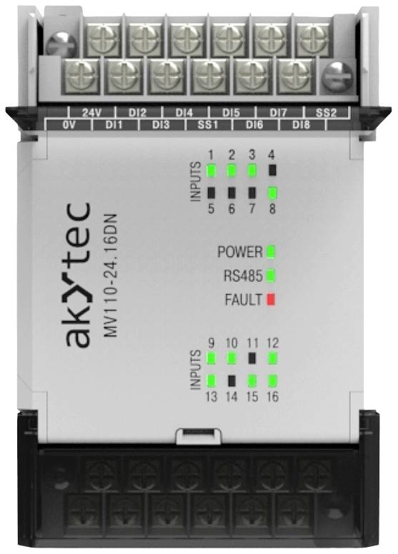 Šedostříbrný průmyslový modul akYtec se vstupy a výstupy, zelenočervenými LED diodami a rozhraním RS485 nahoře. Číslo modelu MT10-24.16DN.