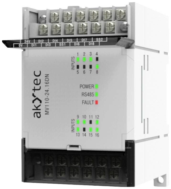 Digitální řídicí jednotka se zelenými LED indikátory a připojovacími svorkami nahoře a dole. Malé logo akYtec vlevo je viditelné.