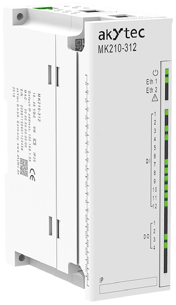 Průmyslový řídicí modul s různými rozhraními a indikátory. Označení modelu 'akytec MK210-312'.