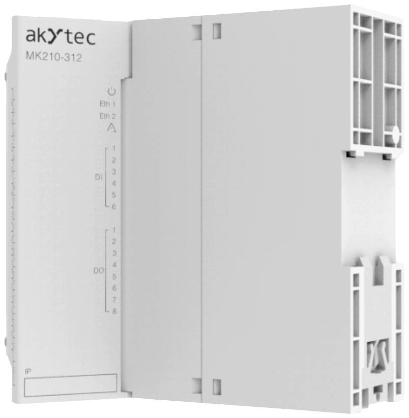 Šedý modul akYtec MK210-312 s ethernetovým a digitálními I/O rozhraními.