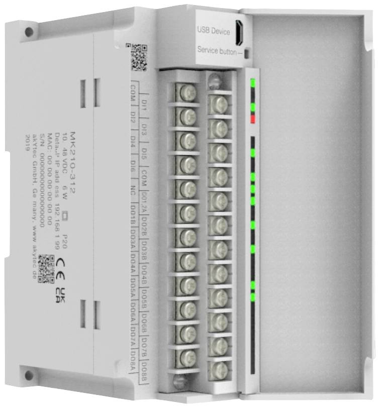 Elektrický řídicí modul s několika konektory a LED diodami na přední straně, označený štítky "USB zařízení" a "Servisní tlačítko".