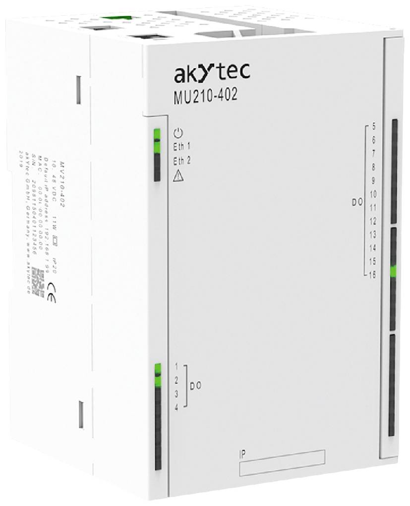 Bílé zařízení s nápisem 'akytec MU210-402', které zobrazuje dva ethernetové porty a několik stavových LED diod.
