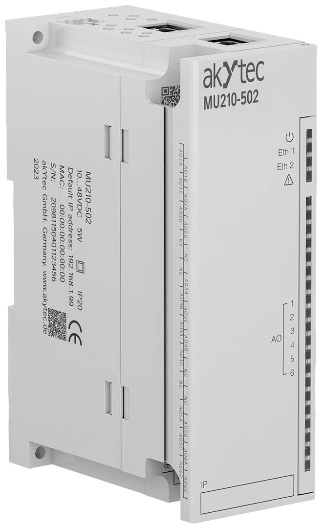 Řídicí jednotka MU210-502 od akYtec s různými vstupy a výstupy, ethernetovými rozhraními a třídou krytí IP20.