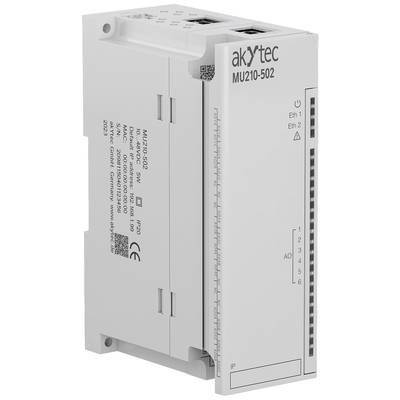 Řídicí jednotka MU210-502 od akYtec s různými vstupy a výstupy, ethernetovými rozhraními a třídou krytí IP20.
