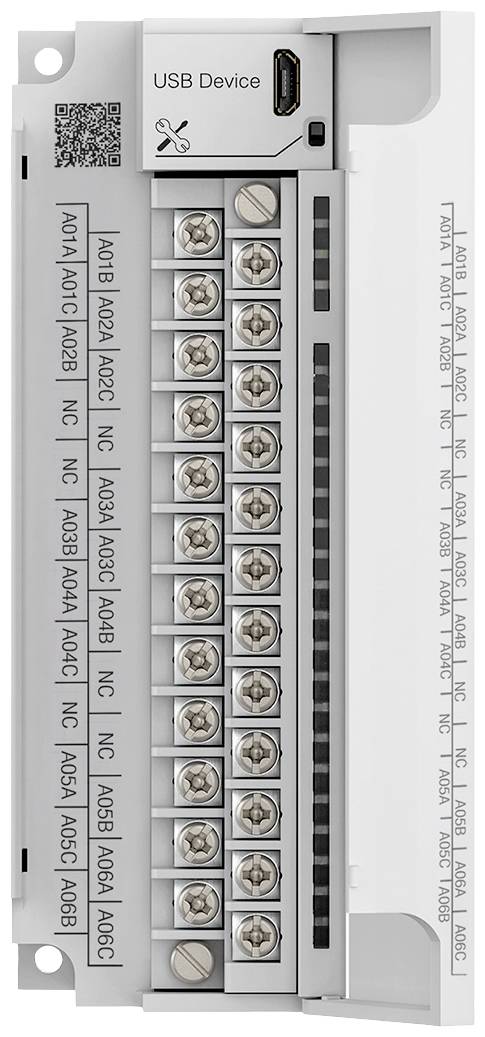 Průmyslový elektronický modul s několika svorkami v horní části, USB portem a popisky na pravé straně.