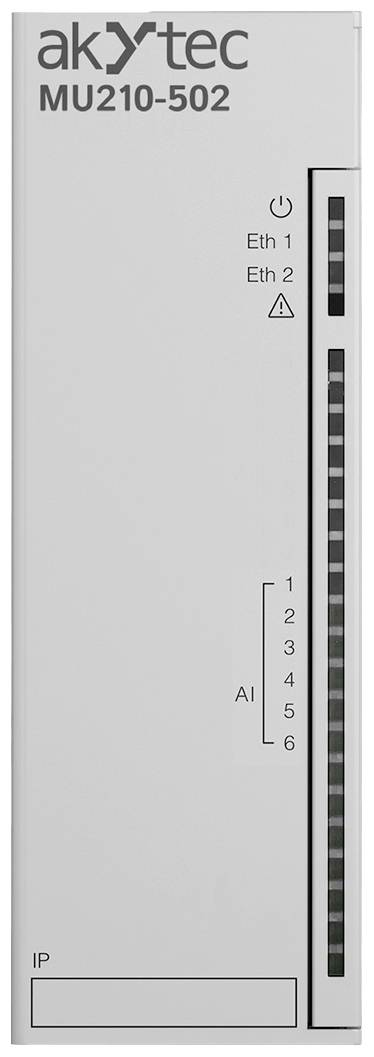 Průmyslový řídicí přístroj s nápisem 'akytec MU210-502'. Zobrazuje ethernetové porty, stavový indikátor a očíslované kontrolní LED diody.