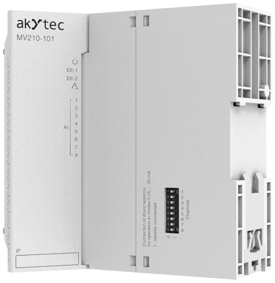Šedý modulový kontrolér s nápisem 'akYtec MV210-101'. Disponuje ethernetovými porty a několika LED indikátory.