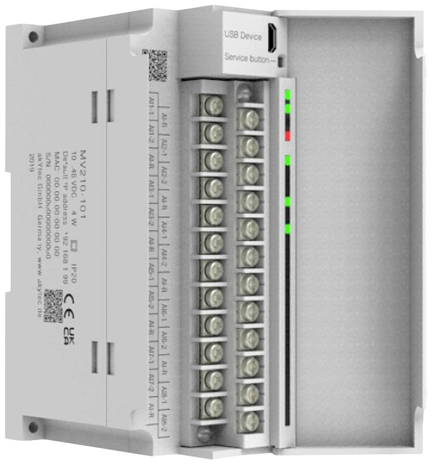 Elektrické zařízení s několika svorkami a LED indikátory. Označené štítky "USB zařízení" a "Servisní tlačítko".