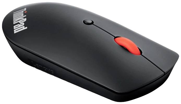 Černá bezdrátová počítačová myš značky ThinkPad s červeným kolečkem, jednoduchý design pro použití s počítačem.