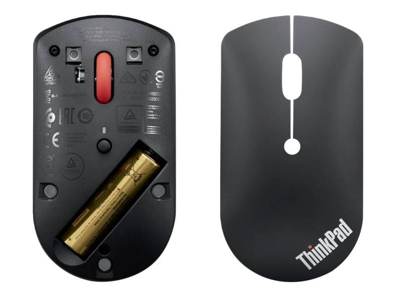 Pohled shora a spodní strana bezdrátové myši. Nahoře logo ThinkPad, dole viditelný prostor pro baterii a optický senzor.