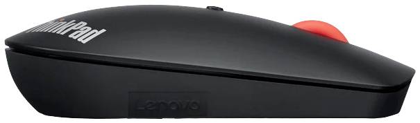 Černá bezdrátová myš ThinkPad s červeným kolečkem pro scrollování, pohled z boku.