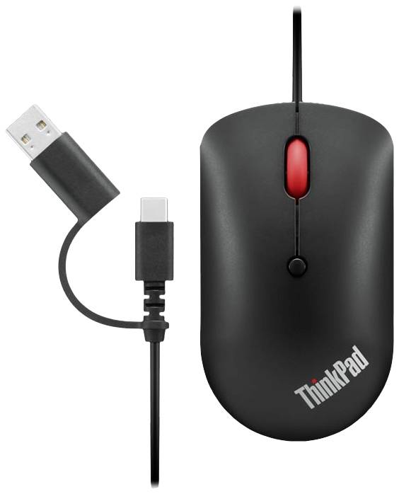 Černá počítačová myš s červeným kolečkem, připojená pomocí USB kabelu s adaptérem USB-C.