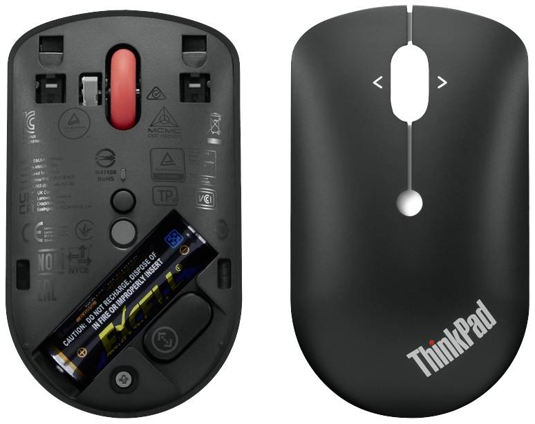 Bezdrátová myš ThinkPad, zobrazená v otevřeném a zavřeném stavu. Levá strana ukazuje prostor pro baterii s vloženou baterií. Pravá strana zobrazuje horní stranu s logem ThinkPad.