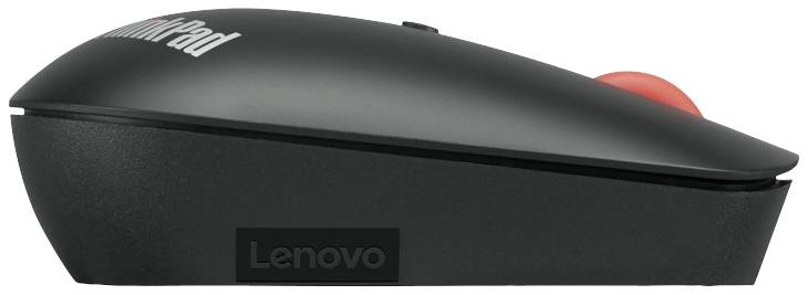 Bezdrátová černá počítačová myš Lenovo ThinkPad s červeným postranním kolečkem, vhodná pro počítače a notebooky. Pohled z boku.
