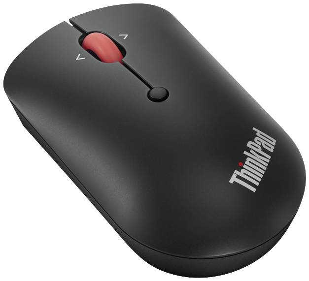 Černá myš ThinkPad s červeným skrolovacím kolečkem, známá svým ergonomickým designem a přesností, často používaná v profesionálních prostředích.