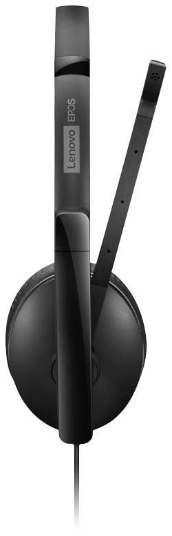 Černá náhlavní souprava Lenovo s mikrofonem na ramínku na pravé straně.