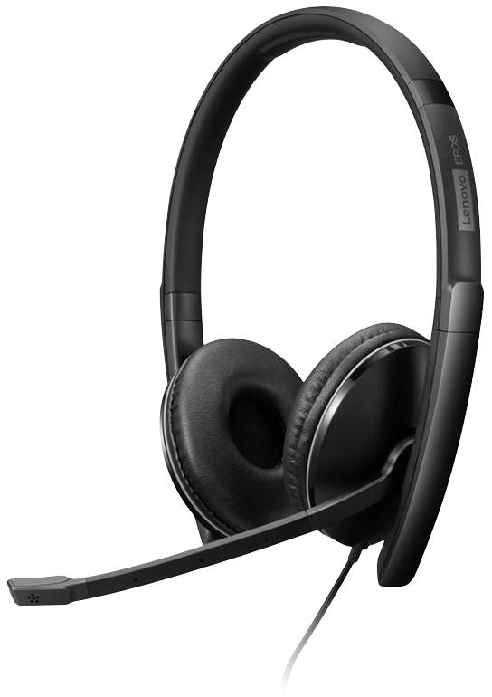Černá sluchátka s mikrofonem, na jednom reproduktoru je napsáno 'Lenovo'. Vhodná pro komunikaci a audio aplikace.