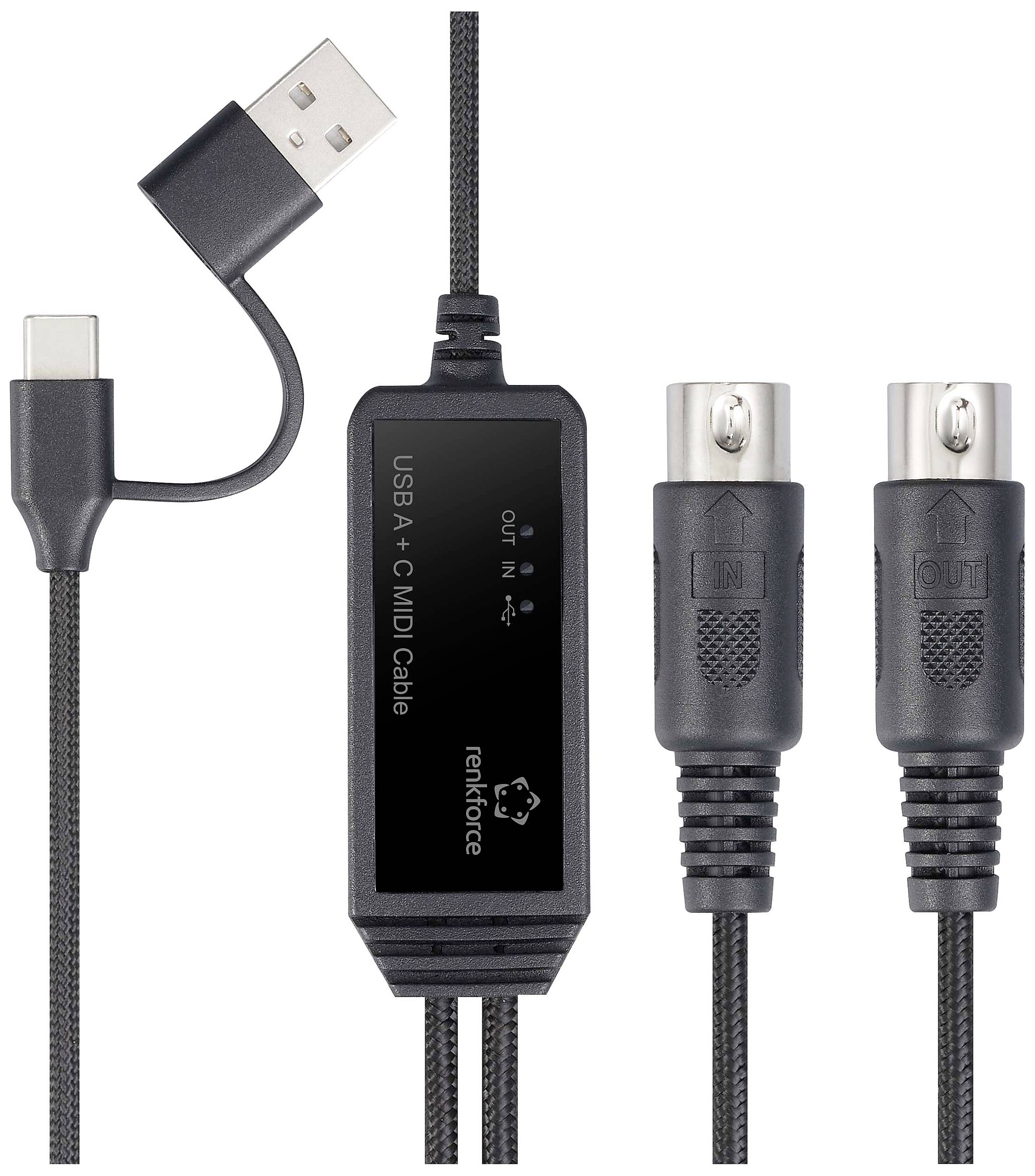USB-MIDI kabel s USB-A a USB-C konektory, displej a dvěma MIDI porty označenými 'IN' a 'OUT'.