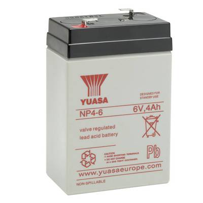 Obdélníkový akumulátor značky Yuasa s nápisem 'NP4-6', '6V 4Ah', speciálně určený pro nouzové napájení, s výstražnými symboly.