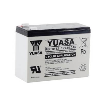 Olověný akumulátor Yuasa, model REC10-12, 12V, 10Ah, pro cyklické použití. Produktové informace a výstražné pokyny vytištěny přímo na baterii.