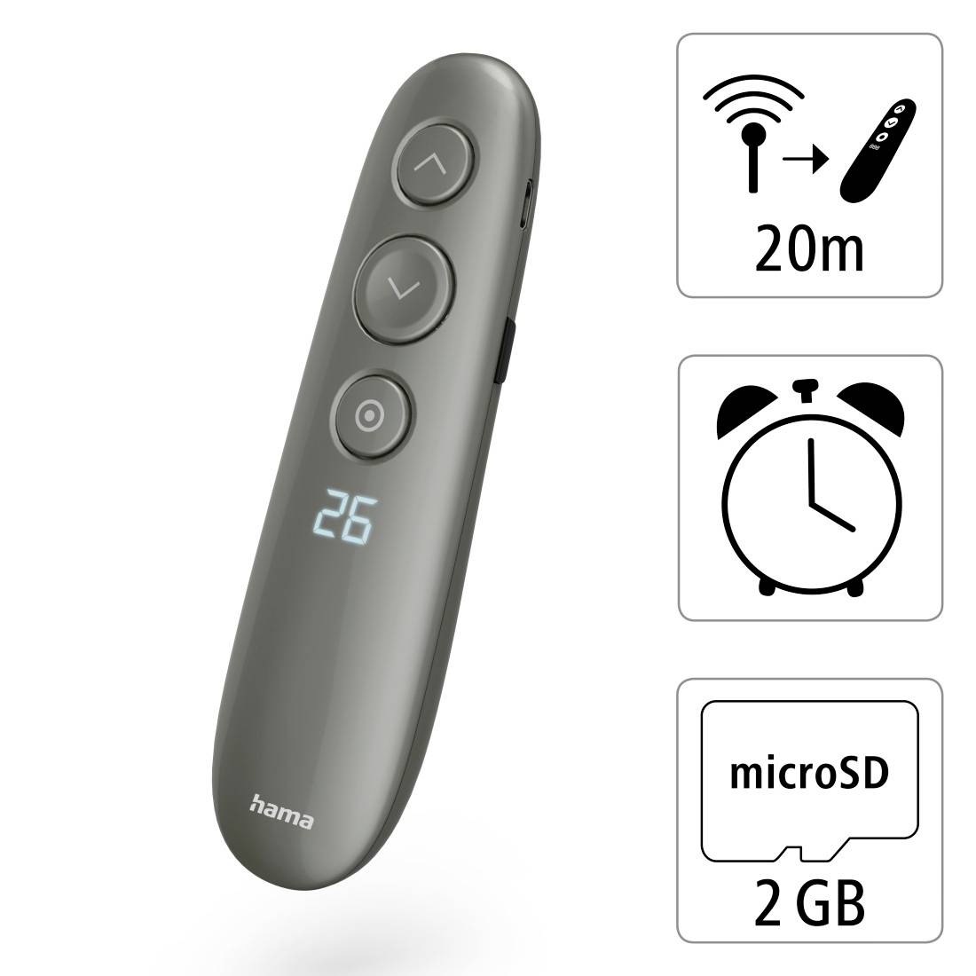 Bezdrátový prezentační ukazovátko od Hama; dosah 20 m, funkce časovače, podporuje microSD karty až do 2 GB.