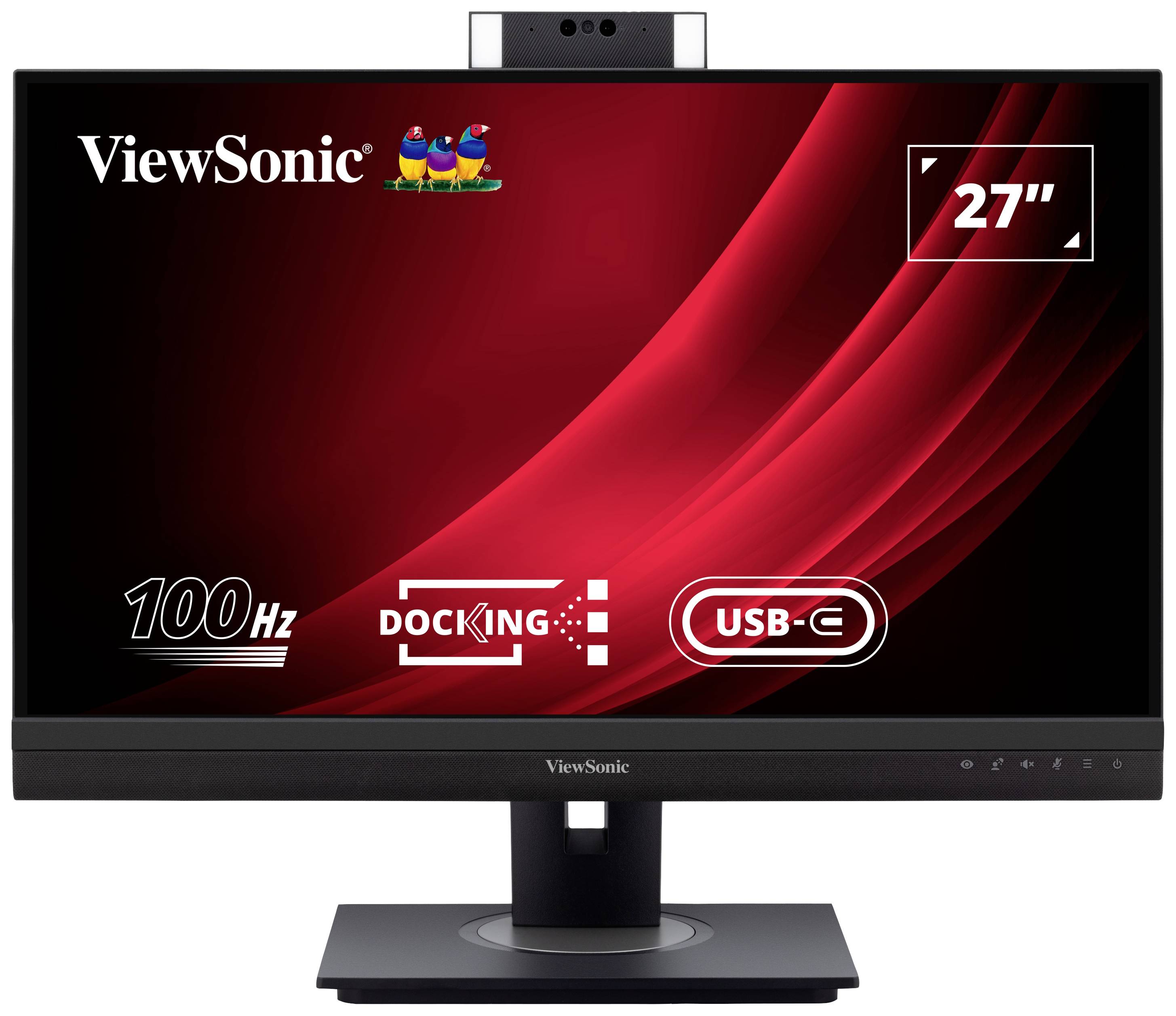 27palcový monitor značky ViewSonic zobrazuje symboly pro 100 Hz, USB-C a dokovací funkci na červeno-černém displeji.